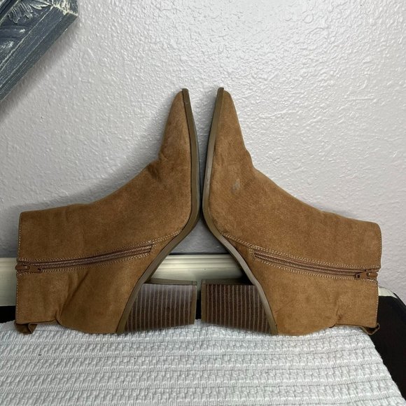 Just Fab Olwen Camel Textile Pointed Toe Zipper Block Heel Ankle Booties Size 8 - Picture 7 of 7